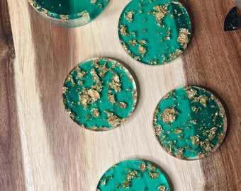 Set of 4 Green & Gold Resin Coasters with Storage