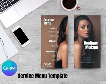 May include: A brown and white service menu for a med spa called Boutique Medspa. The menu lists prices for facials, add-ons, and injectables. The menu is next to a photo of a woman with long brown hair.