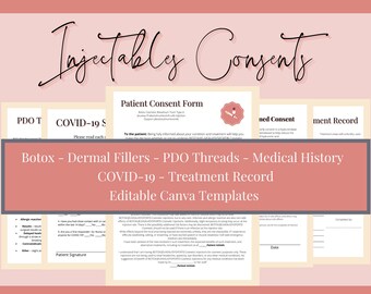May include: A set of printable consent forms for Botox, dermal fillers, PDO threads, and COVID-19 treatment. The forms are editable Canva templates and feature a pink and white color scheme.