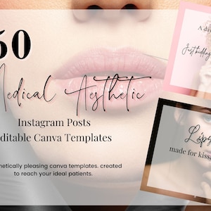 May include: A set of 50 Instagram post templates for medical aesthetics. The templates are editable in Canva and feature a pink and white color scheme. The text on the templates includes "Medical Aesthetic", "Instagram Posts", "Editable Canva Templates", "Aesthetically pleasing canva templates. created to reach your ideal patients.", "A day without serum is like... Just kidding I have no idea", and "Lips made for kissing."