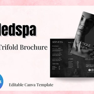 Puede incluir: Un folleto tríptico en blanco y negro para un Medspa. La portada presenta el rostro de una mujer. Los paneles interiores enumeran los servicios, los precios y la información de contacto. El folleto incluye el texto "Boutique Medspa" y "Síguenos para todas las últimas actualizaciones".