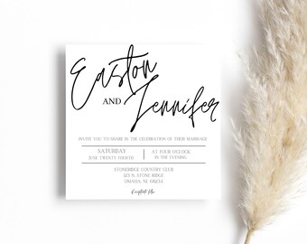 May include: A wedding invitation with black calligraphy for Easton and Jennifer. The invitation details the date and time of the wedding, which is Saturday, June Twenty Fourth at four o'clock in the evening. The location is Stoneridge Country Club, 123 N. Stone Ridge, Omaha, NE 68234.