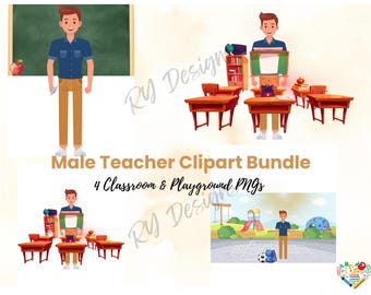 Imágenes prediseñadas de profesor / Profesor masculino PNG / Paquete de imágenes prediseñadas de profesores / Escena de aula boho PNG / Ilustración de acuarela de profesor de escuela