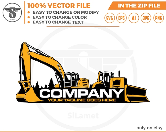 Bulldozer and excavator logo - Heavy Equipment logo - Construction Logo