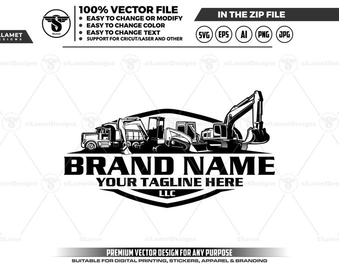 Heavy Equipment Logo: Dump Truck, Excavator, Skid Steer (svg, eps, png, jpg, ai)