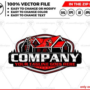 May include: A vector file logo design for a roofing company. The logo features a house with a red roof and two workers. The text "COMPANY" is prominently displayed, along with the tagline "YOUR TAGLINE GOES HERE."