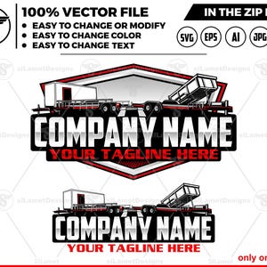 May include: A logo design template featuring a red, white, and black truck with a trailer. The truck is in front of a red and white shield with the text "COMPANY NAME" and "YOUR TAGLINE HERE" in a silver metallic font.