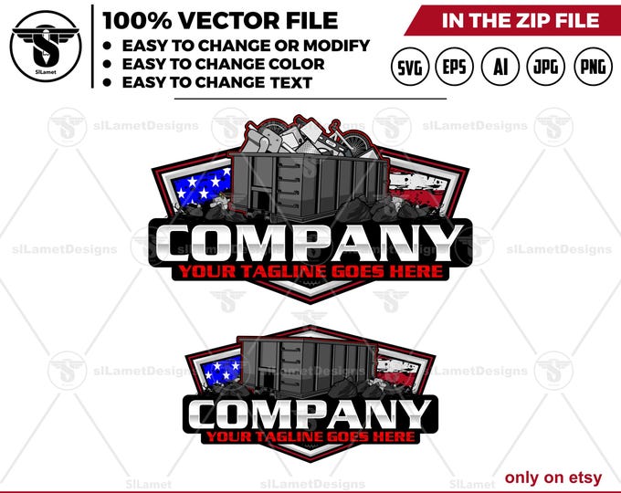 America Dump Roll Off Bin logo - Dumpster Logo - Waste Removal Truck Design - Trash Container logo - Junk Hauling Service