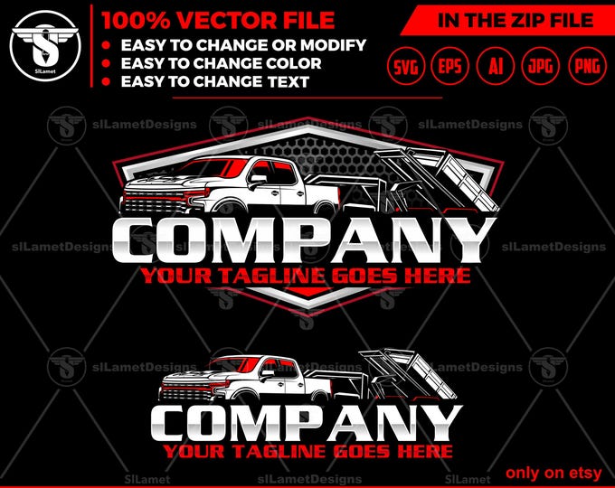Pickup & dump roll off trailer logo Logo - Pickup Truck Trailer Logo Template  - Hauling Equipment Branding - dump trailer logo