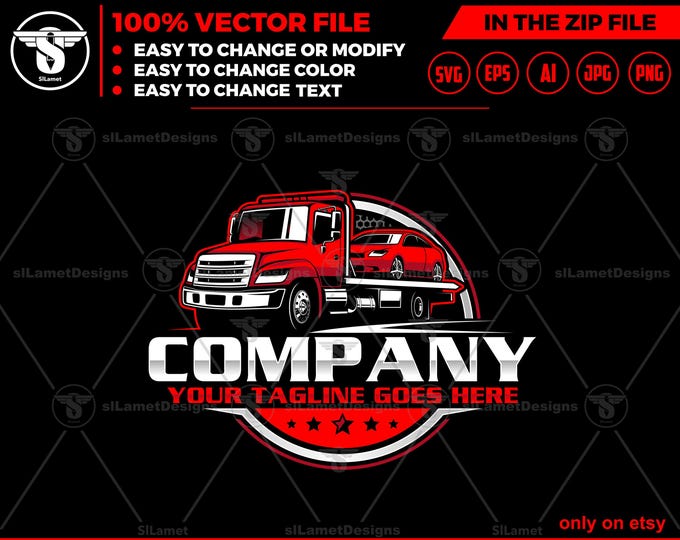 flat bed tow truck logo - flat bed towing - towing truck logo - Vehicle Recovery Logo - Towing Service logo  - Roadside Assistance logo