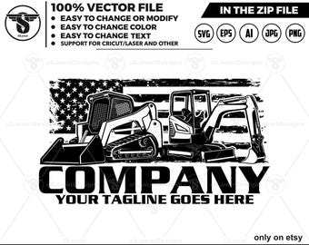 May include: Black and white illustration of a skid steer loader in front of a distressed American flag. The text "COMPANY YOUR TAGLINE GOES HERE" is below the image.
