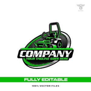 Może przedstawiać: Zielone i czarne logo kosiarki z napisem "COMPANY" pogrubionymi białymi literami. Poniżej znajduje się hasło "YOUR TAGLINE GOES HERE". Logo znajduje się na białym tle i zawiera tekst "FULLY EDITABLE" i "100% VECTOR FILES".