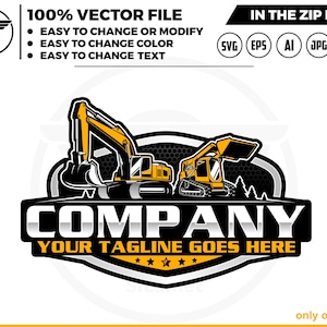 Könnte beinhalten: Ein Logo-Design mit zwei gelben Baggern auf einem schwarzen und grauen Schild mit dem Text "COMPANY" in silbernen Buchstaben und "YOUR TAGLINE GOES HERE" in schwarzen Buchstaben.