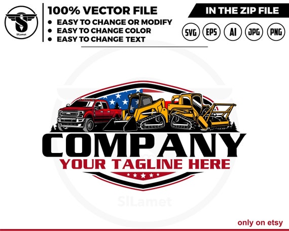america pickup truck and Skid steer loader, mulching skid steer logo, skid steer tracker logo,  Heavy Equipment logo