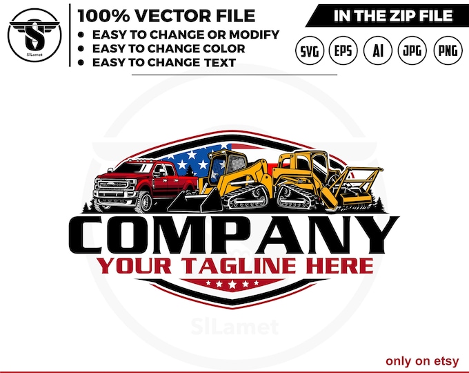 america pickup truck and Skid steer loader, mulching skid steer logo, skid steer tracker logo,  Heavy Equipment logo