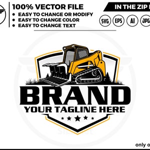 Könnte beinhalten: Ein schwarzes und gelbes Logo mit einem Radlader, einem schwarzen Schild und dem Text "BRAND YOUR TAGLINE HERE" mit fünf Sternen darunter.