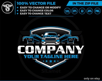 May include: A blue and silver logo featuring a pickup truck hauling a trailer. The text "COMPANY" is in a bold, silver font with the words "YOUR TAGLINE HERE" below it. The logo is surrounded by a silver shield with a black background.