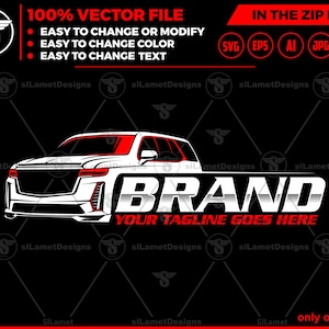 Puede incluir: Un diseño de archivo vectorial con un SUV blanco con detalles rojos y la palabra "BRAND" en una fuente metálica. El texto "YOUR TAGLINE GOES HERE" está debajo. El texto adicional incluye "100% VECTOR FILE" e iconos de tipo de archivo.
