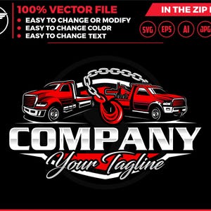 Logotipo editable de grúa roja: Cadena de plataforma y camión de 18 ruedas (vectorial) (SVG y AI)