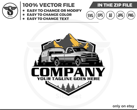 pickup pulling camper LOGO, campervan svg, Camper van logo, travel van car, camper van vector isolated logo design