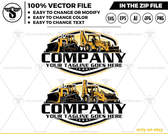 Bulldozer and backhoe logo - dozer and backhoe logo - Heavy Equipment logo - Construction Logo - Backhoe Loaders and dozer