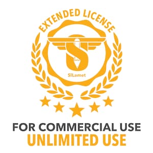May include: A yellow and white graphic with the text "EXTENDED LICENSE" in a circle with a laurel wreath around it. The text "FOR COMMERCIAL USE UNLIMITED USE" is below the circle.