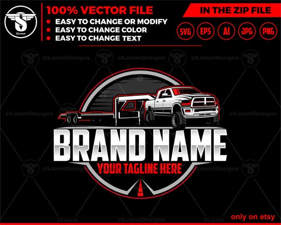 hotshot logo - pickup and flatbed trailer logo - truck towing logo - towing Company Logo - hauler trailer logo - dodge pickup and flatbed