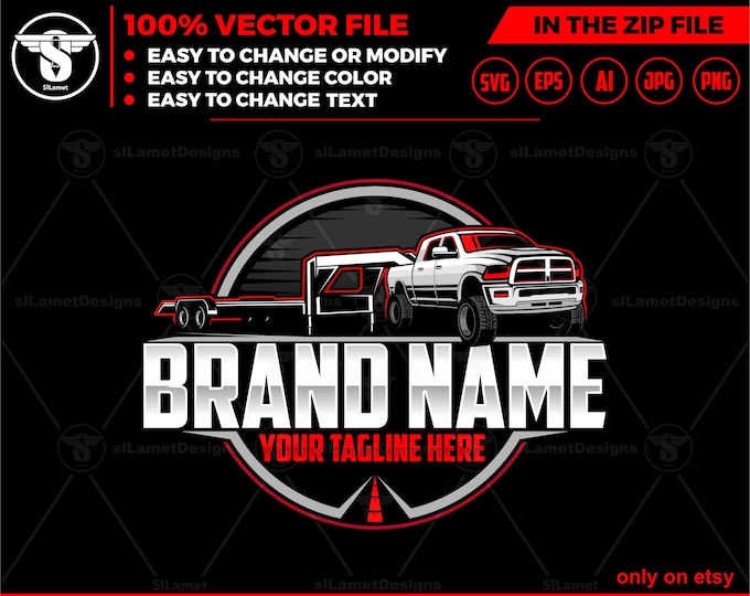 hotshot logo - pickup and flatbed trailer logo - truck towing logo - towing Company Logo - hauler trailer logo - dodge pickup and flatbed