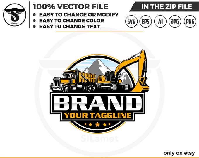 dump truck and excavator logo - equipment vehicles logo - heavy equipment logo - construction logo - digging logo - earth digging logo