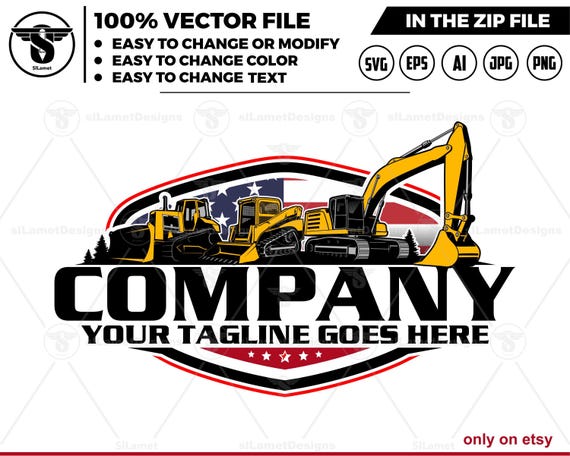 America heavy equipment rental logo - Bulldozer, skid steer and excavator logo - Heavy Equipment logo - Construction Logo, America excavator