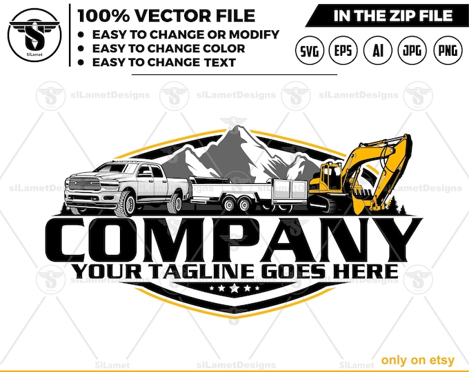 pickup, dump trailer and excavator logo, dump trailer rental logo, truck pickup logo svg, Dumpster Logo , dump rental logo