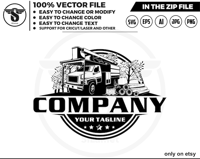 Tree trimmer truck logo - tree sevice logo - Forestry Bucket Trucks logo - chainsaw logo - tree cuting logo - bucket truck logo