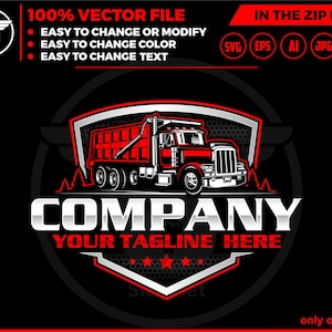 May include: A red and silver logo featuring a dumper truck with the text "COMPANY YOUR TAGLINE HERE" in a silver, metallic font.