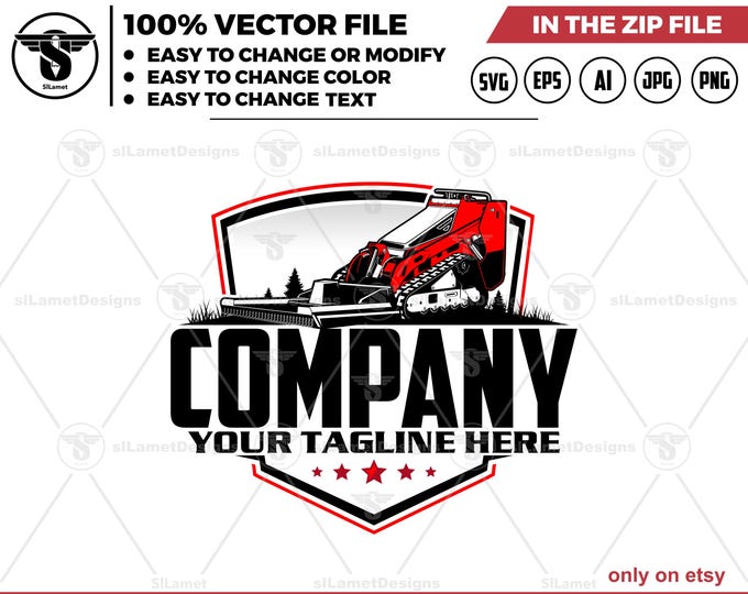 Mini Skid Steer Brush Cutter Logo - Stand Skid Steer Attachment Logo - Heavy Equipment Logo Template - Land Clearing Logo - Bobcat MT100