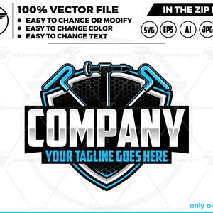 May include: A blue and black logo with a shield shape and the word "COMPANY" in a silver and black font. The shield has a black honeycomb pattern and a wrench, hammer, and screwdriver inside. The text "YOUR TAGLINE GOES HERE" is below the word "COMPANY".