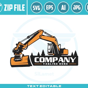 May include: A black and orange excavator logo with a tree silhouette in the background. The text "COMPANY - TAGLINE HERE" is below the excavator.