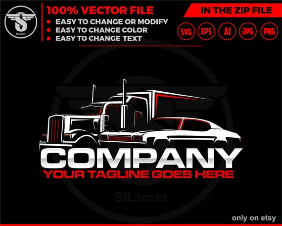 semi truck and car logo, automotive logo, trucking logo, truck line art, truck outline, truck svg, trucking, semi truck, truck trailer