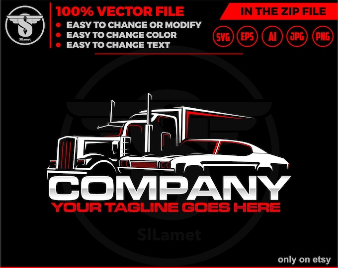 semi truck and car logo, automotive logo, trucking logo, truck line art, truck outline, truck svg, trucking, semi truck, truck trailer