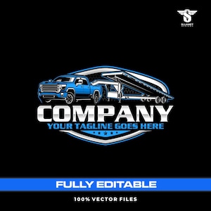 May include: A blue pickup truck towing a trailer, with the word "COMPANY" in silver letters. The text "YOUR TAGLINE GOES HERE" is below. The image is on a black background with the words "FULLY EDITABLE" and "100% VECTOR FILES" in blue.