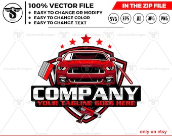 May include: A red car graphic with the text "COMPANY" and "YOUR TAGLINE GOES HERE". The image includes tools and the text "100% VECTOR FILE" and "IN THE ZIP FILE". The design is for a car-related business.