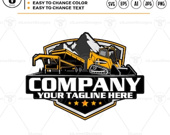 Skid Steer & gooseneck dump trailer Logo: Compact Equipment, mountain background SVG