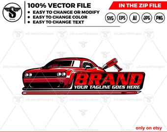 May include: A red sports car graphic with the word "BRAND" and "YOUR TAGLINE GOES HERE" in a rectangular banner. The image includes text: "100% VECTOR FILE" and file type icons.