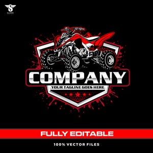 Könnte beinhalten: Grafik eines rot-weißen ATVs mit dem Wort „COMPANY“ in fetten, silbernen Buchstaben. Der Text „YOUR TAGLINE GOES HERE“ steht unter dem Firmennamen. Das Design beinhaltet ein rot-weißes Schild auf schwarzem Hintergrund. Die Wörter „FULLY EDITABLE“ und „100% VECTOR FILES“ sind ebenfalls enthalten.