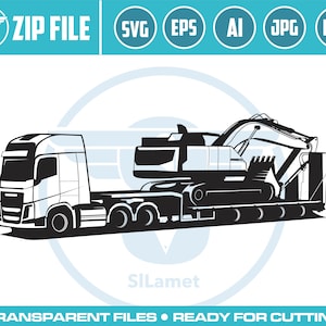 truck pulling excavator svg, truck and excavator, svg, truking svg, excavator svg, excavator silhouette, digger svg, construction svg
