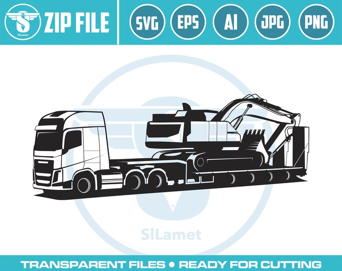truck pulling excavator svg, truck and excavator, svg, truking svg, excavator svg, excavator silhouette, digger svg, construction svg