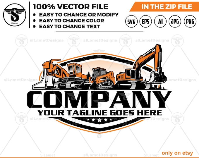 Heavy Equipment Logo - Construction MachineryLogo - Excavator, skid steer, plow machine logo - Industrial Service logo