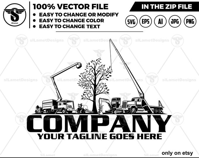 Logging Equipment logo - tree sevice logo - crane truck and Forestry Bucket logo - tree cuting logo - crane boom truck logo