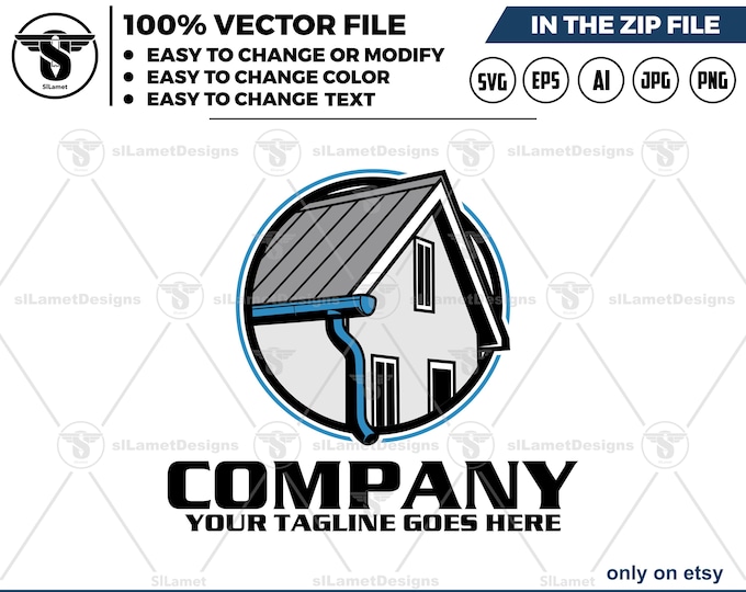 Gutter Cleaning Logo - Roof Gutter Service Icon - House Exterior Maintenance Logo - Home Drainage Badge