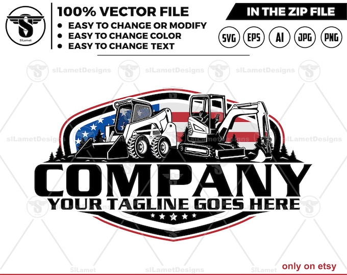 america skid steer and mini excavator logo  - heavy equipment rental logo - skid steer SVG - skid steer excavator - mini excavator svg