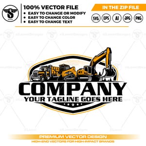 Editable Yellow Heavy Equipment Vector Logo: Dump Truck Skid Steer Excavator (SVG AI)